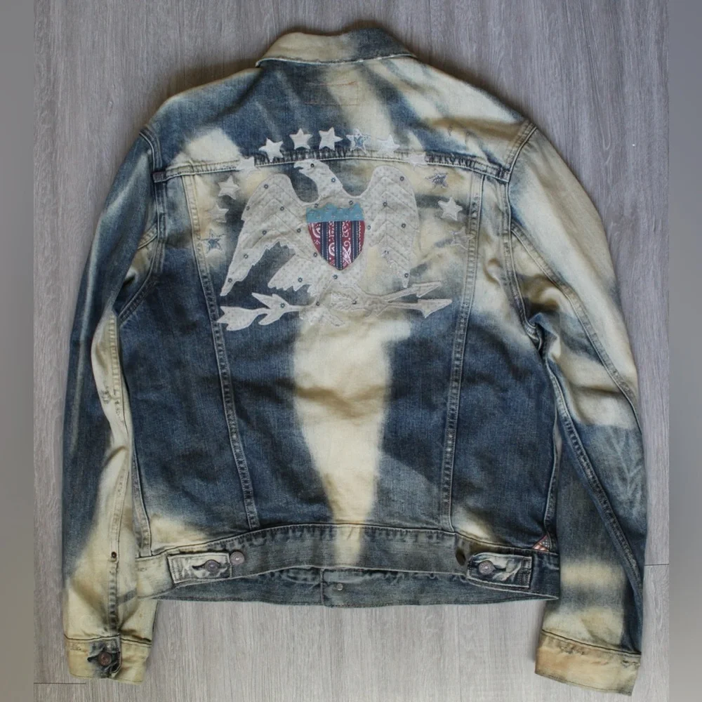 Denim & Supply Ralph Lauren Eagle Patch‎ Denim Jacket Men L Bleached Distressed